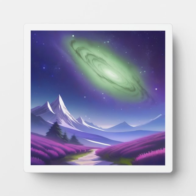Cosmic Green Galaxy Over Purple Mountain Landscape Plaque (Front)