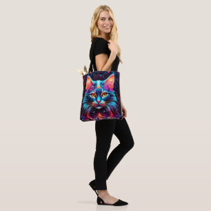 Cosmic Guardian Cat – Neon Galaxy Mandala Tote Bag
