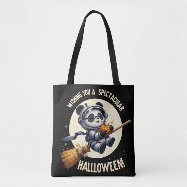 Cosmic Halloween: Panda Astronaut Enjoys Pumpkin  Tote Bag (Front)
