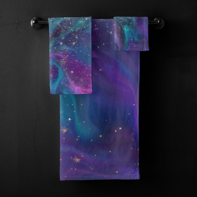 Cosmic Ink | Turquoise Blue Purple Galaxy Nebula Bath Towel Set (Creator Uploaded)