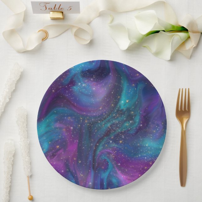 Cosmic Ink | Turquoise Blue Purple Galaxy Nebula Paper Plate (Wedding)