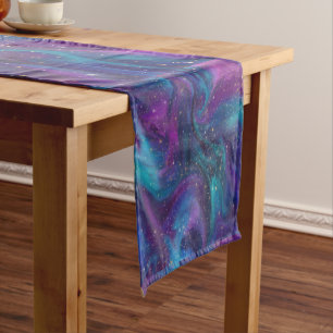 Cosmic Ink   Turquoise Blue Purple Galaxy Nebula Short Table Runner