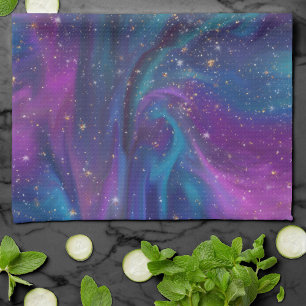 Cosmic Ink   Turquoise Blue Purple Galaxy Nebula Tea Towel