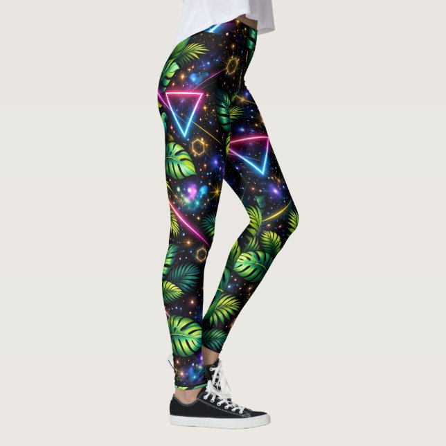 Cosmic Jungle Neon Galaxy Tropical Activewear Leggings (Right)