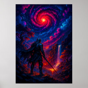 Cosmic Knight with Sword under Galaxy Sky Fantasy Poster