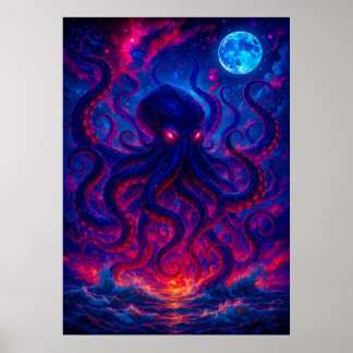 Cosmic Kraken Rising from the Ocean Fantasy Poster