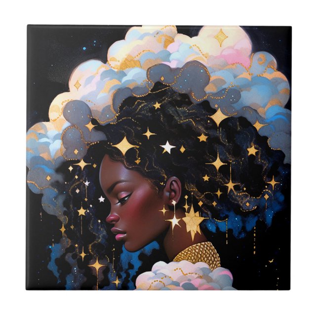 Cosmic Lady African American Fantasy Art Ceramic Tile (Front)