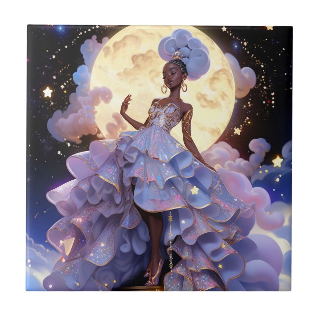 Cosmic Lady African American Fantasy Art Ceramic Tile (Front)