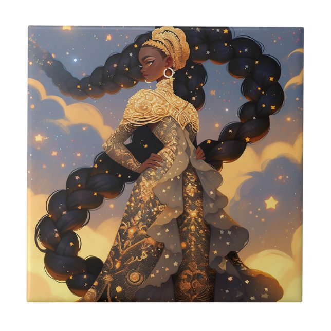 Cosmic Lady African American Fantasy Art Ceramic Tile (Front)