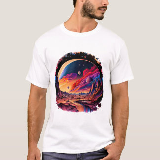 Cosmic landscape with planets and mountains T-Shirt