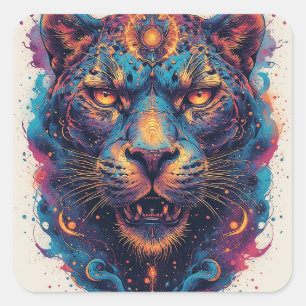Cosmic Leopard Portrait With Mystical Effect Square Sticker