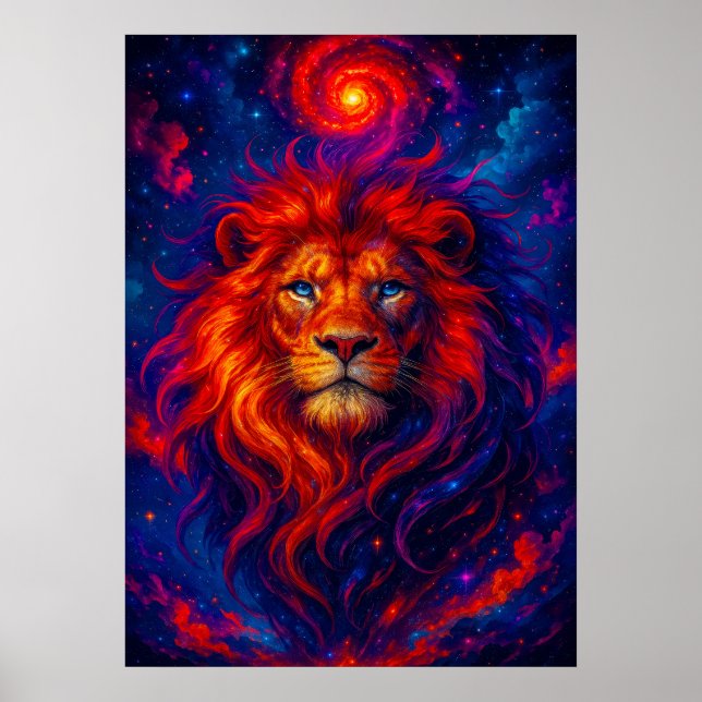 Cosmic Lion with Fiery Galaxy Mane Fantasy Poster (Front)