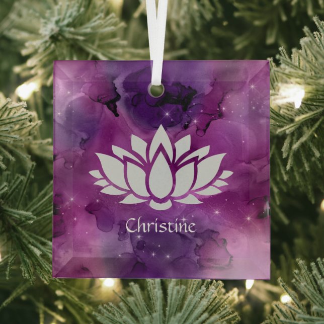 Cosmic Lotus Flower in Magenta Galaxy Glass Tree Decoration (Insitu)