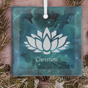 Cosmic Lotus Flower in Teal Universe Glass Tree Decoration
