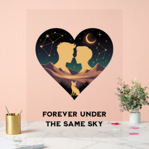 Cosmic Love Story Heart with Lovers and Fox Art Acrylic Sign