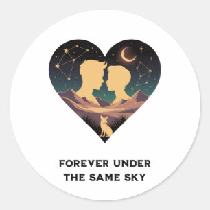Cosmic Love Story Heart with Lovers and Fox Art Classic Round Sticker