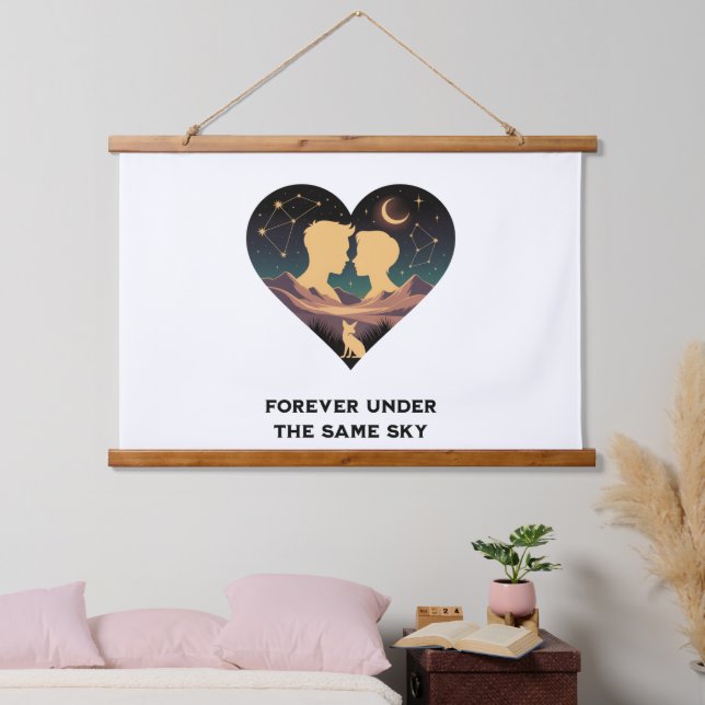 Cosmic Love Story Heart with Lovers and Fox Art Hanging Tapestry (Bedroom)