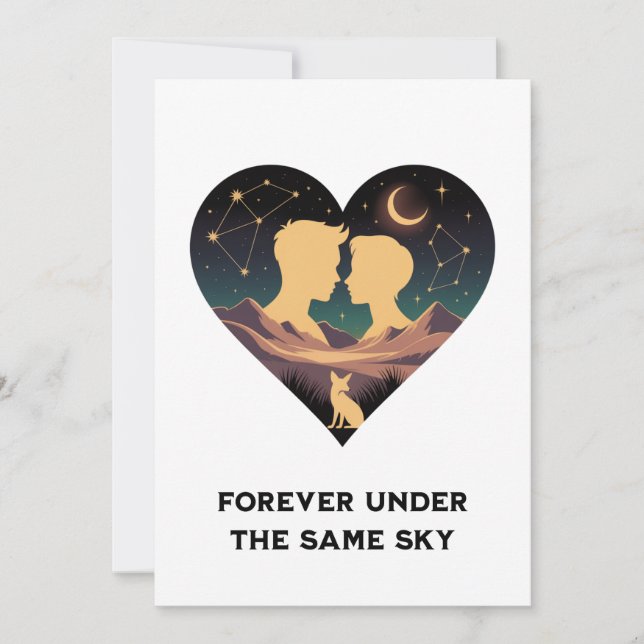 Cosmic Love Story Heart with Lovers and Fox Art Holiday Card (Front)