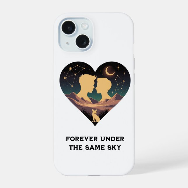 Cosmic Love Story Heart with Lovers and Fox Art iPhone 15 Case (Back)
