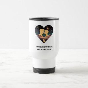 Cosmic Love Story Heart with Lovers and Fox Art Travel Mug