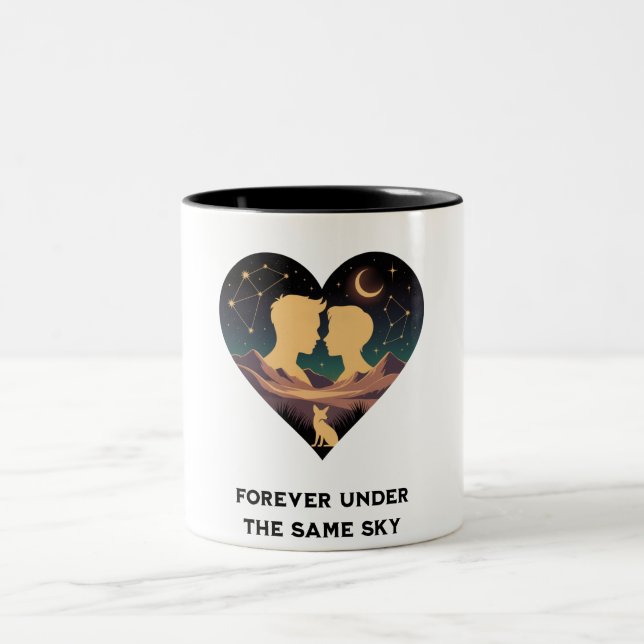 Cosmic Love Story Heart with Lovers and Fox Art Two-Tone Coffee Mug (Center)