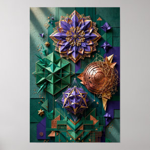 Cosmic Mandala Geometry Relief - 3D Emerald Violet Poster