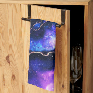 Cosmic Marble: Abstract Galaxy Art with Gold Veins Tea Towel