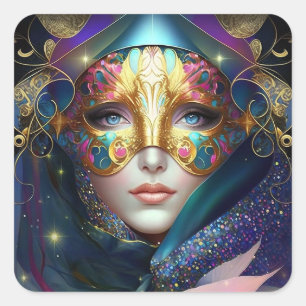 Cosmic Masked Goddess Queen Fantasy Art Square Sti Sticker