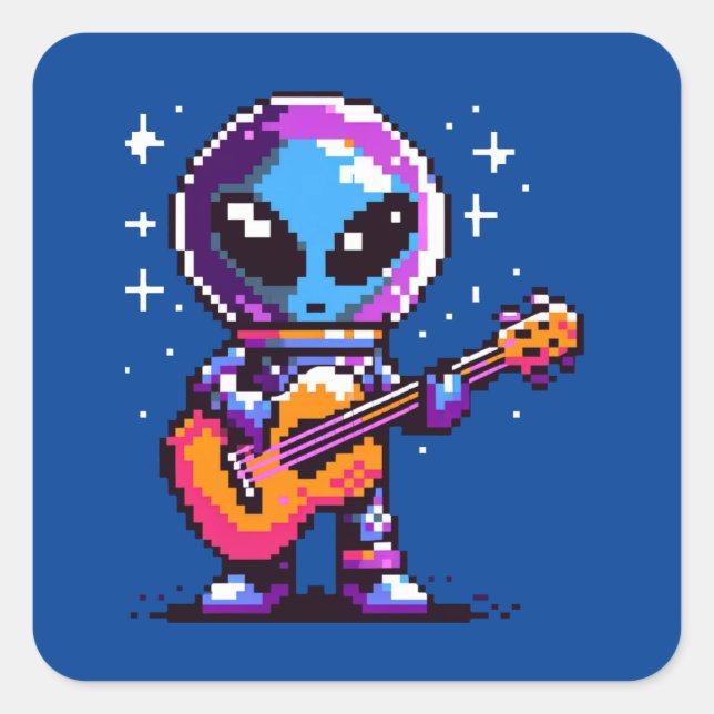 Cosmic Melody: 8-Bit Alien with Guitar Square Sticker (Front)