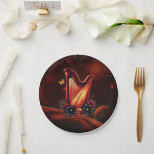 Cosmic melody, the magic of the harp. paper plate