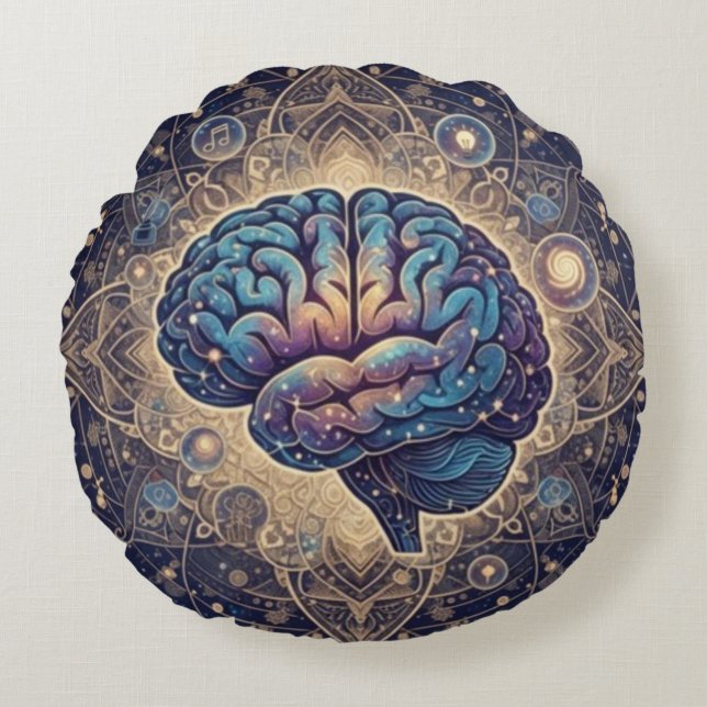 Cosmic Mind Mandala – Abstract Brain Art Round Cushion (Front)