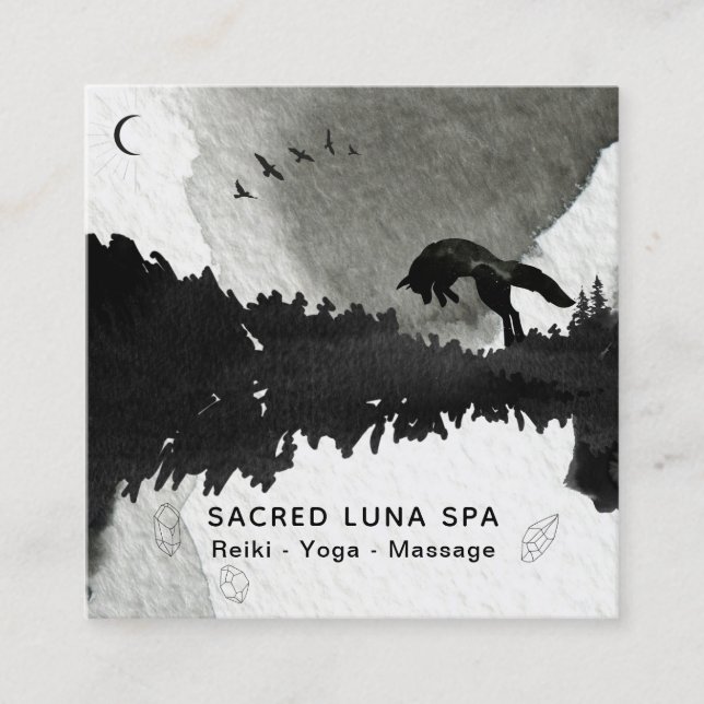 *~* Cosmic Moon Fox Leaping Lunar Pine Trees Square Business Card (Front)