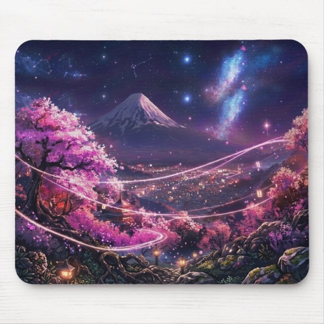 Cosmic Mount Fuji & Sakura Night Mouse Pad - Anime (Front)