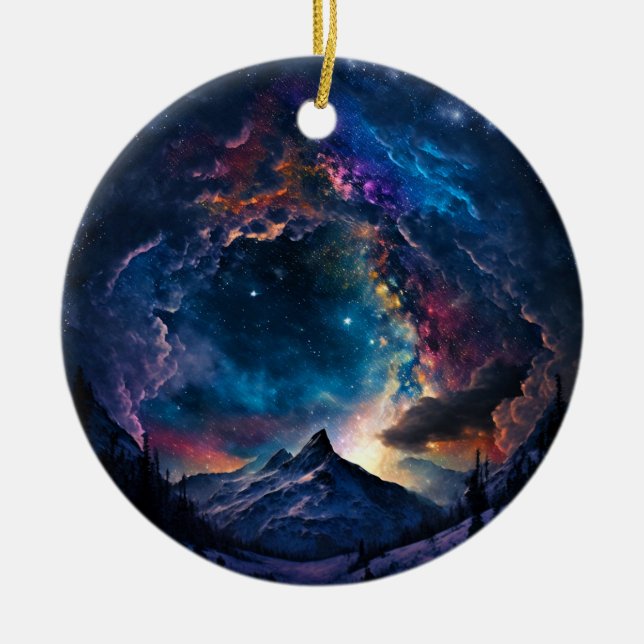 Cosmic Mountain Space Landscape Ceramic Ornament (Front)