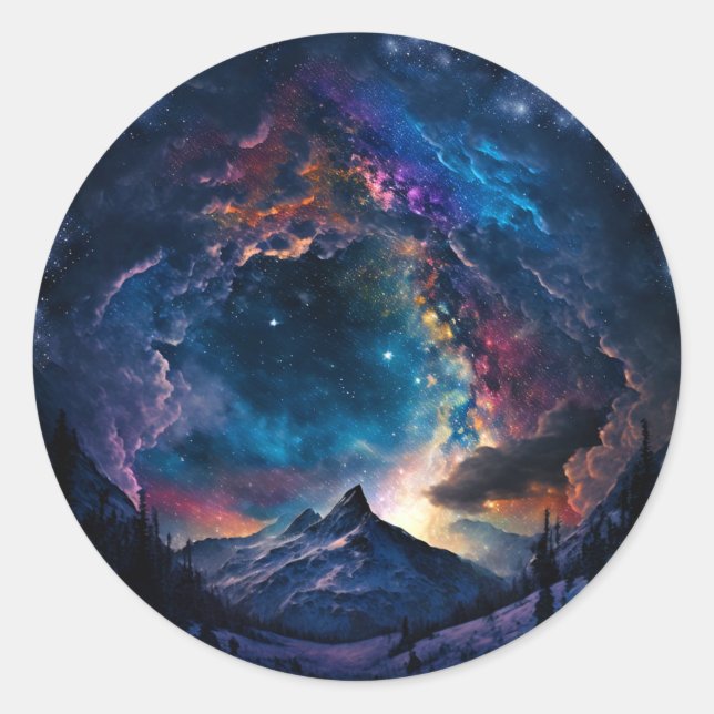 Cosmic Mountain Space Landscape Classic Round Sticker (Front)