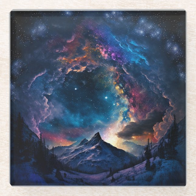 Cosmic Mountain Space Landscape Glass Coaster (Front)