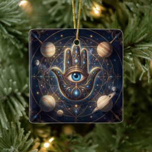 Cosmic Navy Gold Celestial Hamsa Evil Eye Ceramic Ornament