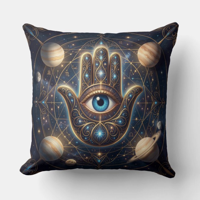  Cosmic Navy Gold Celestial Hamsa Evil Eye Cushion (Front)