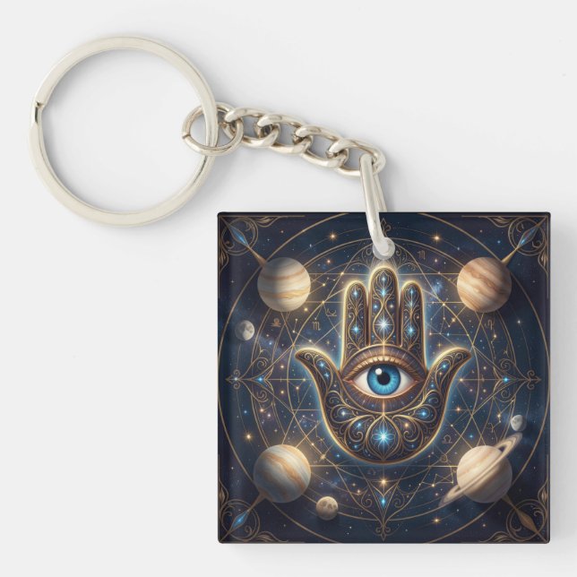 Cosmic Navy Gold Celestial Hamsa Evil Eye Key Ring (Front)