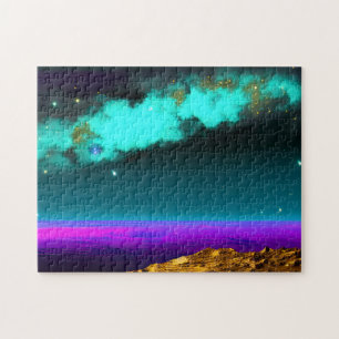Cosmic Neon Purple Sky Over Fantasy Planet Jigsaw Puzzle