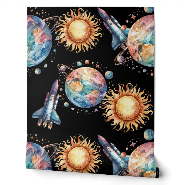 Cosmic Neon Spaceship Planets Wallpaper (Unrolling)