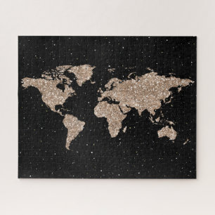 Cosmic Night Galaxy & Rose Gold Glitter World Map  Jigsaw Puzzle