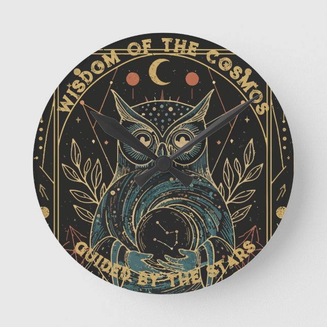 Cosmic Oracle Owl • Mystical Celestial  Round Clock (Front)