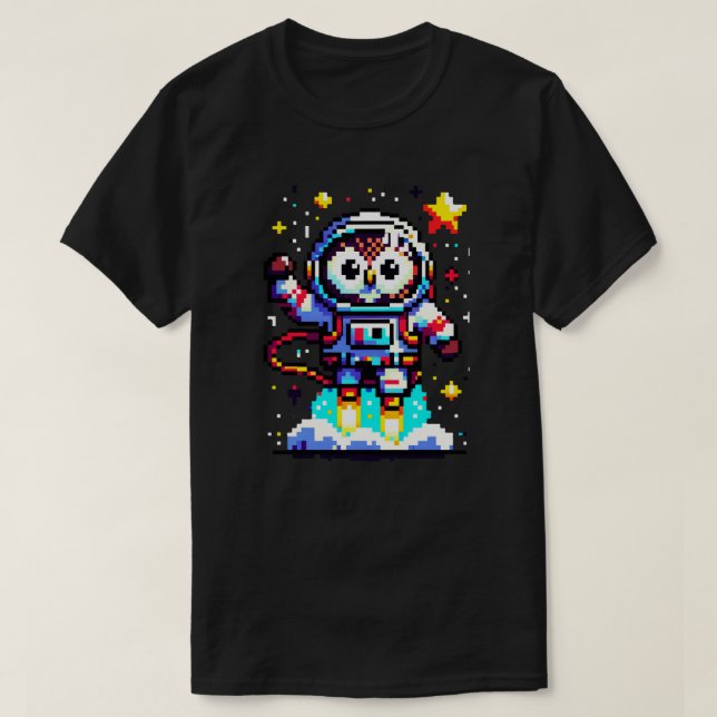 Cosmic Owl: 8-Bit Space Explorer T-Shirt (Design Front)