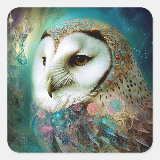 Cosmic Owl Fantasy Art Square Sticker (Front)