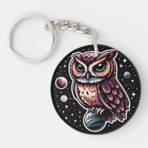 Cosmic Owl Illustration - owl, space, artwork Key Ring