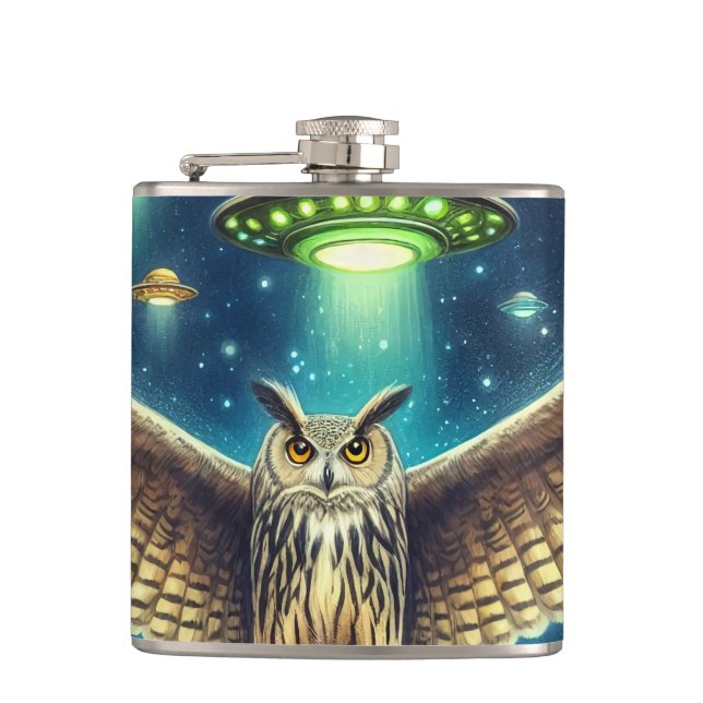 Cosmic Owl Nightscape - UFOs in the sky Hip Flask (Front)