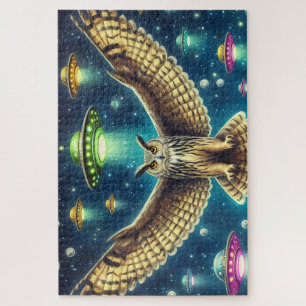 Cosmic Owl Nightscape - UFOs in the sky Jigsaw Puzzle