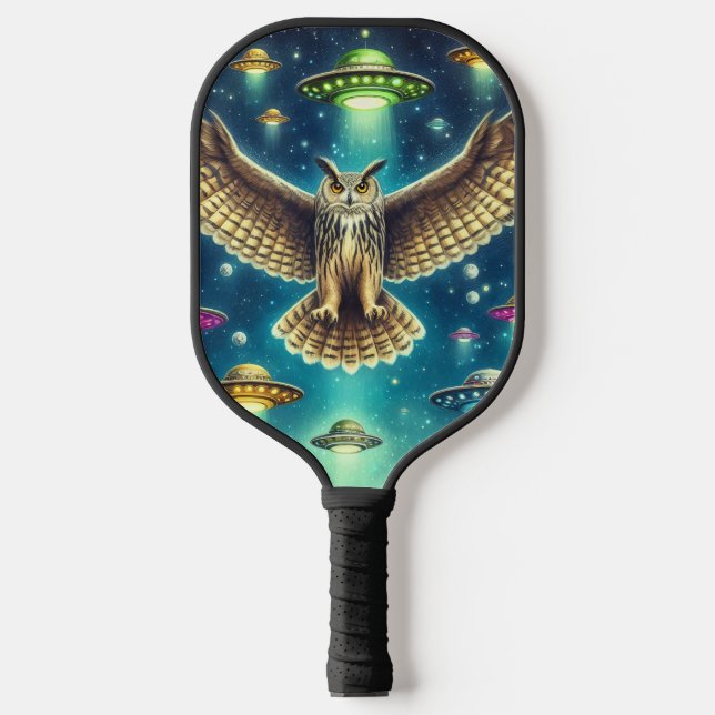 Cosmic Owl Nightscape - UFOs in the sky Pickleball Paddle (Front)