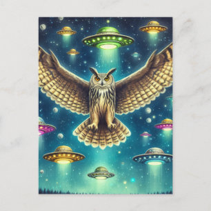 Cosmic Owl Nightscape - UFOs in the sky Postcard